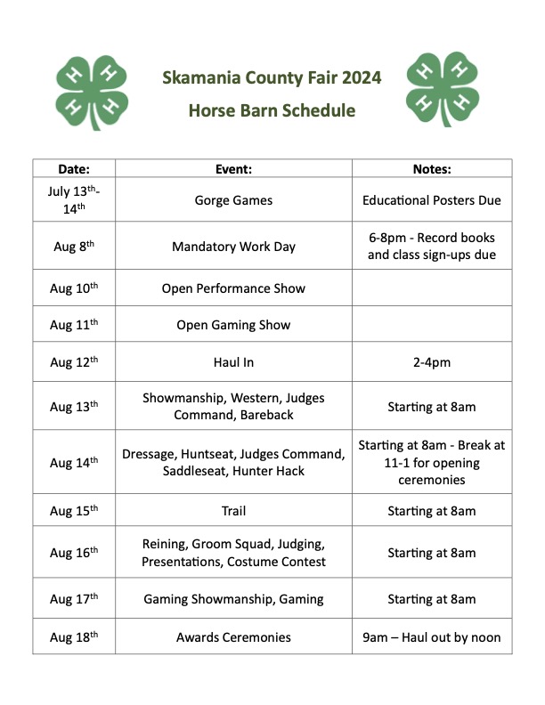 Horse Barn Schedule 2024